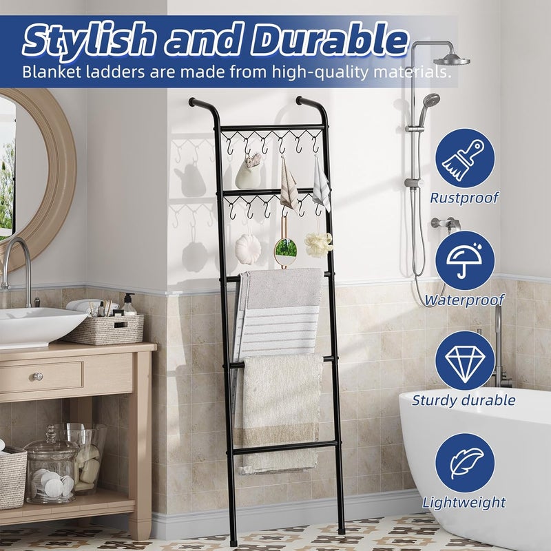 Simple Trending Blanket Ladder，5 Tier Metal Towel Rack with 12 Hooks, 79'' Metal Style Decorative Ladder for The Living Room Bedroom Bathroom Home Decor, Black - Image 2